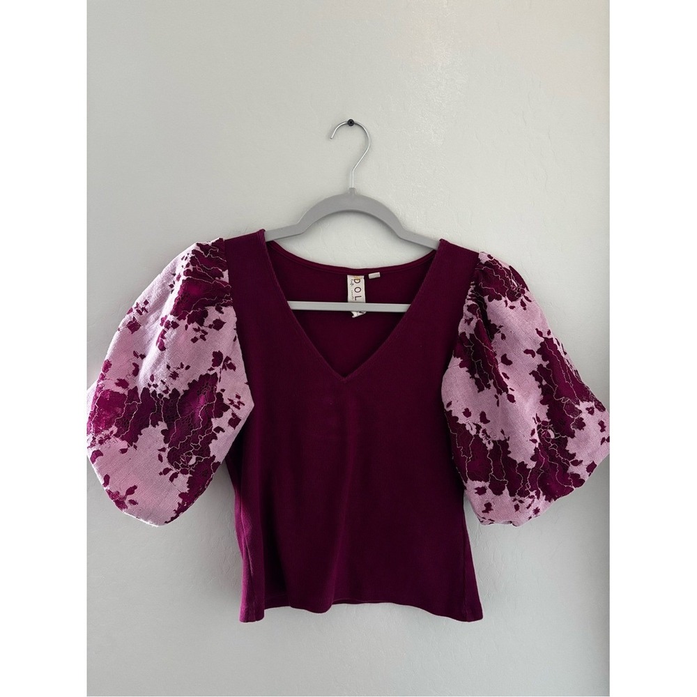 dolan Plum V-Neck Top with Pink Floral Puff Sleeves - Picture 2 of 2